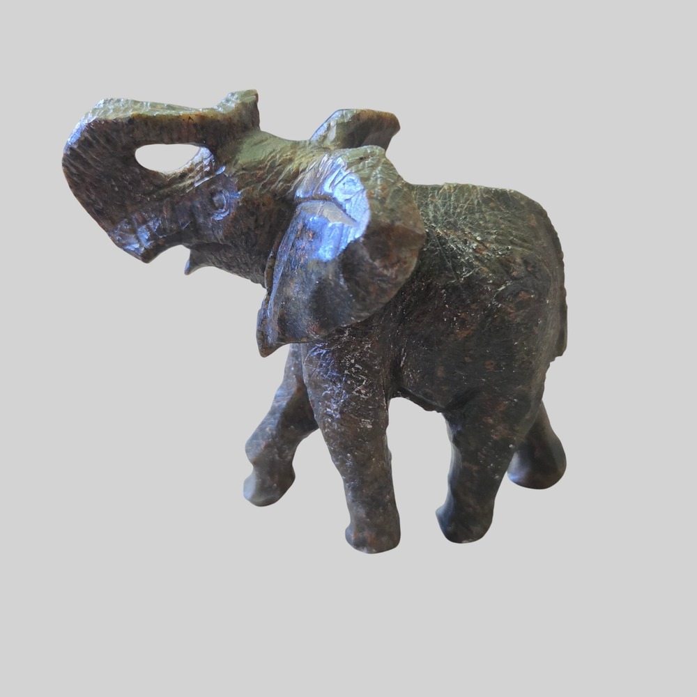 Vintage Hand Carved Stone Elephant Figurine Trunk Up Good Luck Brown 4in